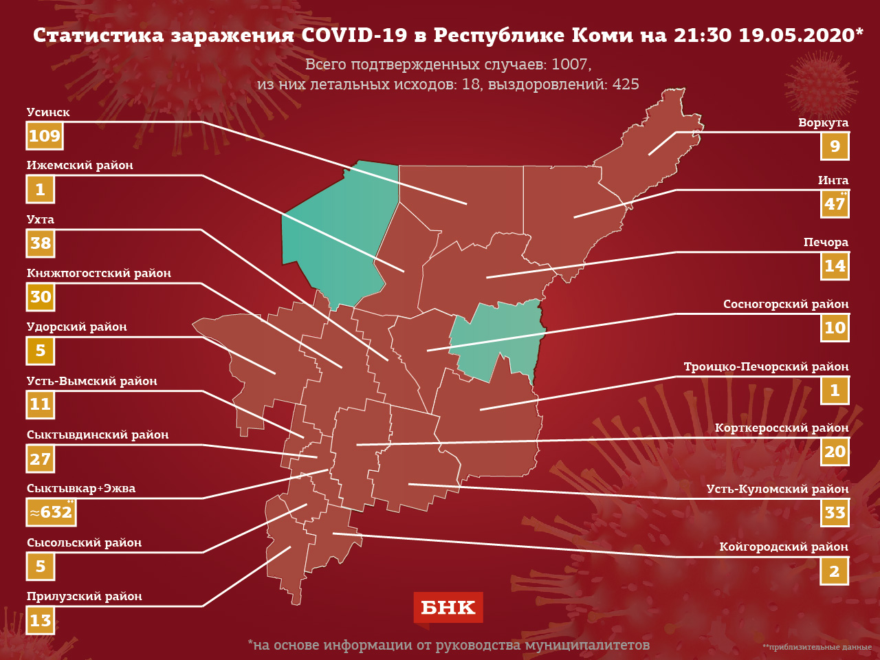 
Карта распространения коронавируса в Коми на 19 мая