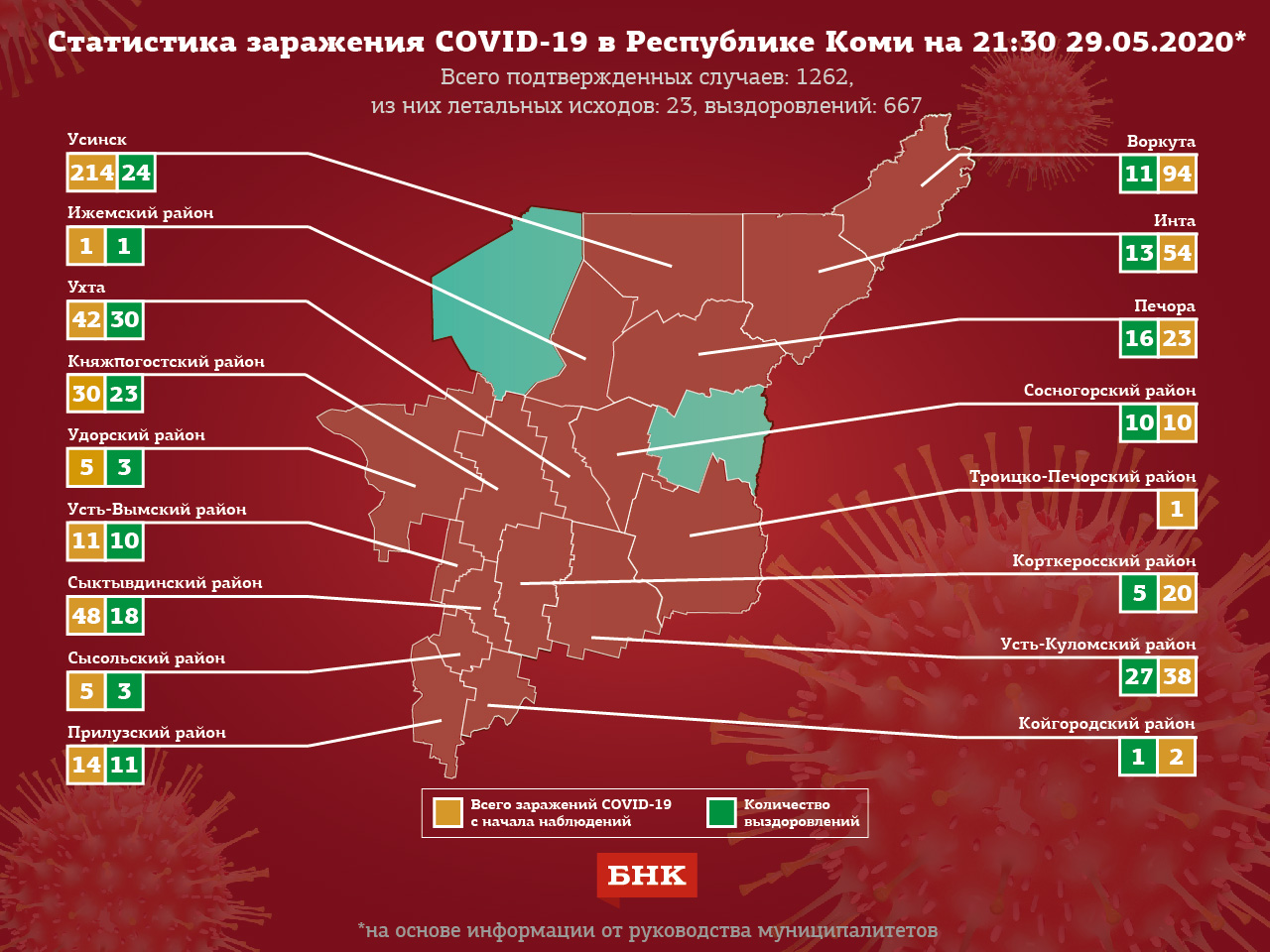 
Карта распространения коронавируса в Коми на 29 мая